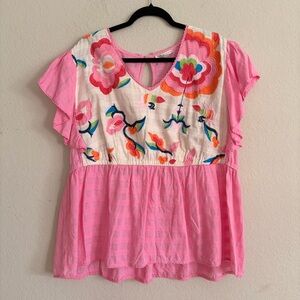 Cato woman’s 3X Pink Embroidered Floral Peasant Top vibrant summer lightweight